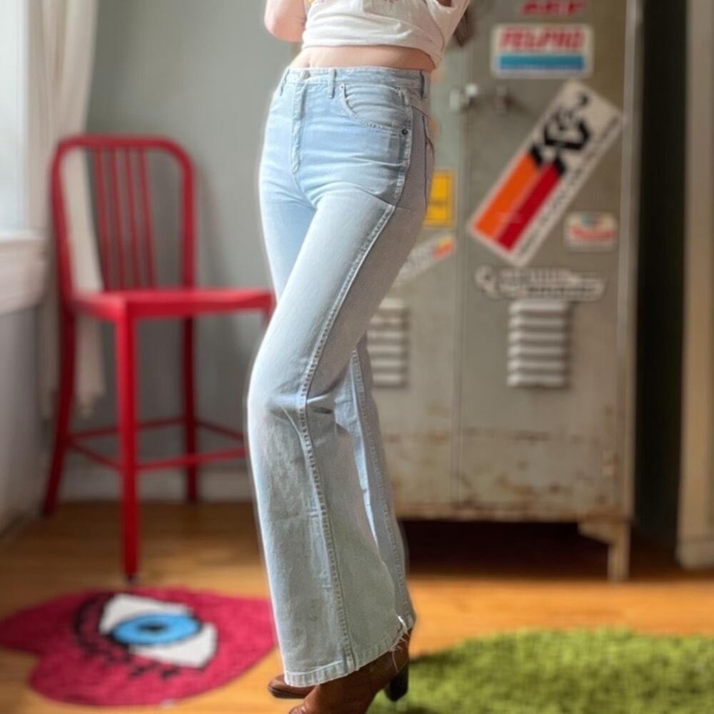 Vintage 70s Flare Jeans | Light Wash Slim Fit Denim Distressed Leather trim |28"
